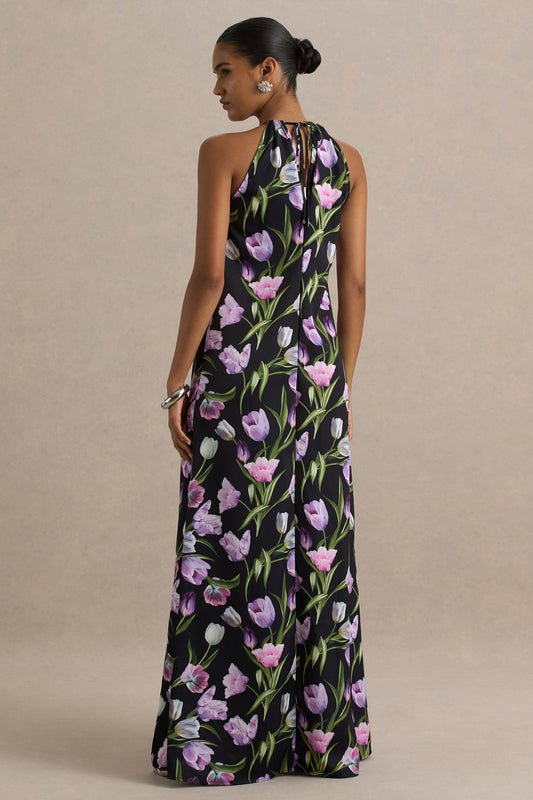Svana | Vestido largo Asimétrico con Escote Halter en Satén Floral Negro