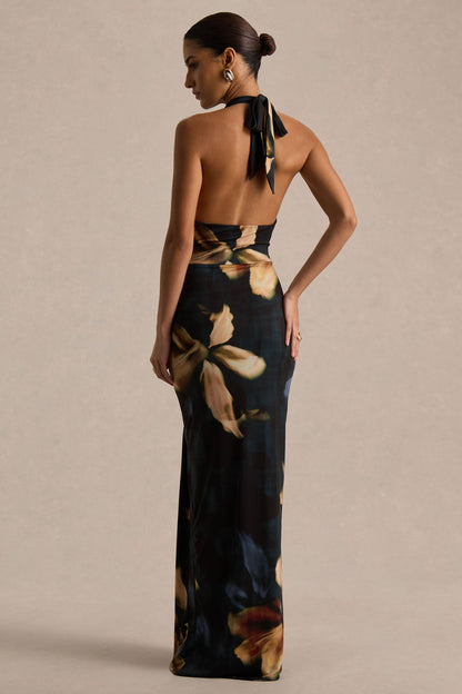 Sunflower | Vestido largo de cuello alto con estampado de lirios oscuros y abertura frontal alta
