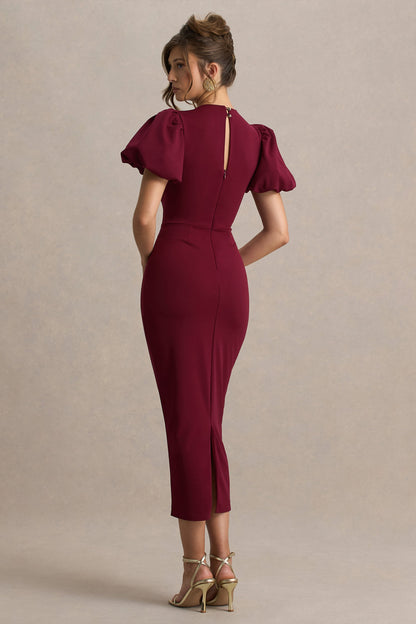 Dakota | Vestido Midi Burdeos De Manga Abullonada