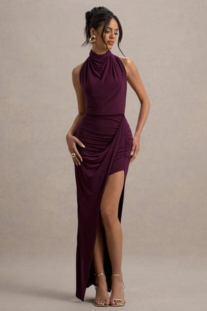 Hayden | Vestido largo en burdeos con silueta drapeada y abertura en la pierna