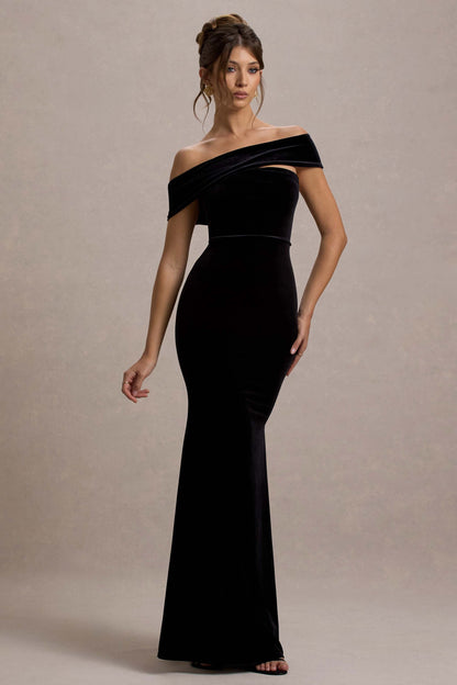 Candela | Vestido largo de Terciopelo negro con Escote Bardot Asimétrico