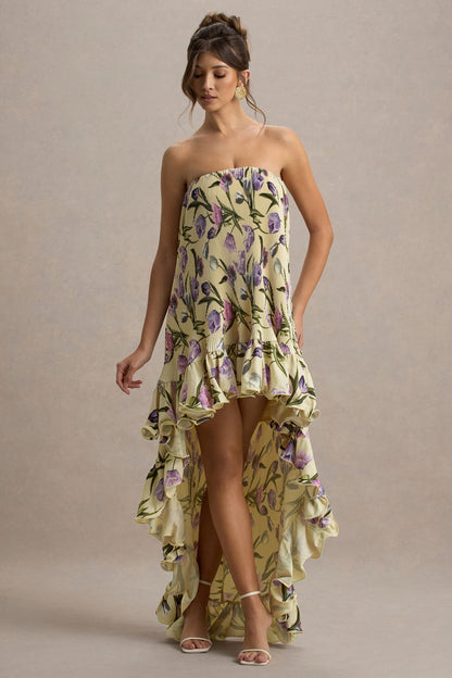 Whistler | Vestido largo con estampado floral con Volantes y Dobladillo Asimétrico