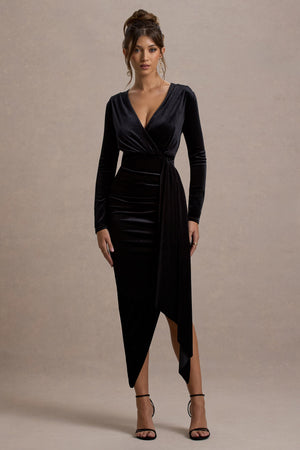 Arcadia | Vestido midi de terciopelo negro drapeado con mangas largas