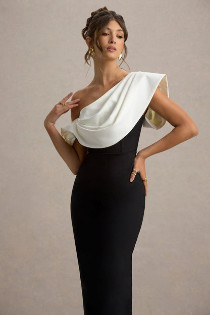 Angelina | Vestido largo negro y escote asimétrico con detalle drapeado en blanco
