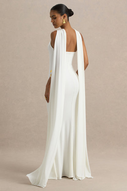 Rhoda | Vestido Largo Blanco con Cuello Halter Torcido y Capa