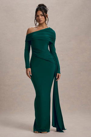 Valina | Vestido largo verde botella con drapeado lateral y mangas largas