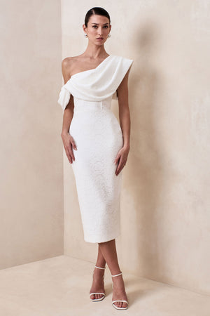 Farvera | Vestido Midi Blanco De Encaje Con Escote Asimétrico Y Detalle Drapeado