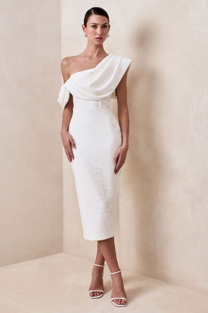 Farvera | Vestido Midi Blanco De Encaje Con Escote Asimétrico Y Detalle Drapeado