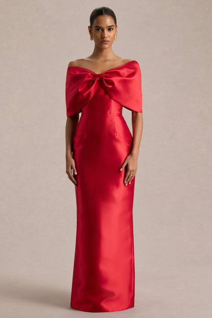 Wanting More | Vestido Largo Rojo de Satén con Capa y Lazo Grande