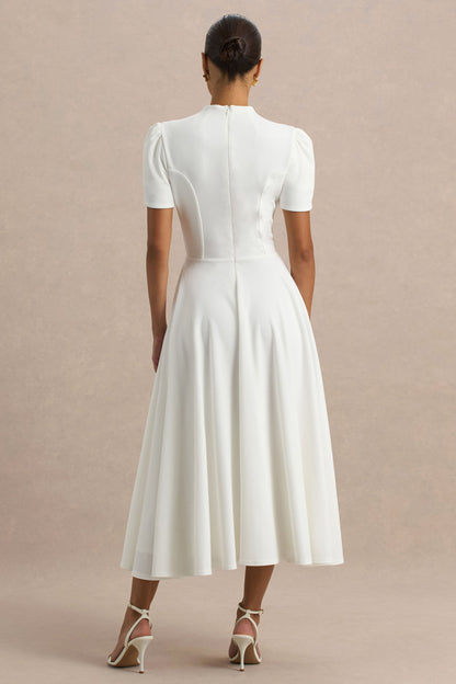 Vicky | Vestido midi blanco con mangas abullonadas y falda con volumen