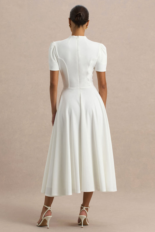 Vicky | Vestido midi blanco con mangas abullonadas y falda con volumen