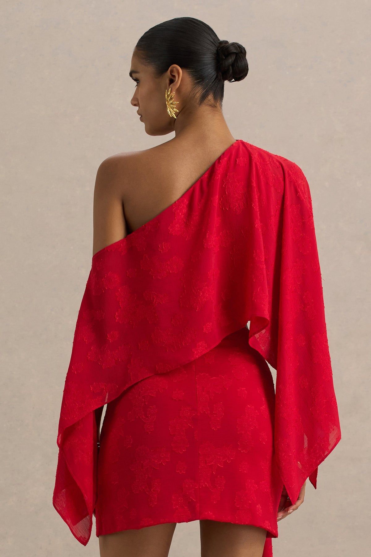 Aruba | Red Satin Devore Asymmetric Long-Sleeve Crop Top