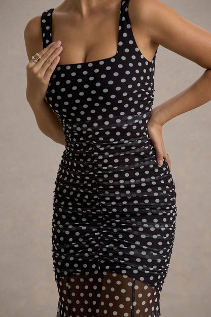 Galaxia | Vestido largo de lunares con malla transparente en el bajo