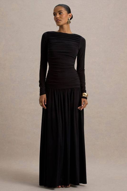 Aniyah | Vestido Negro Largo con Cuello Alto y Detalles Fruncidos