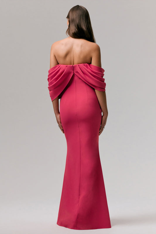 Serene | Vestido Largo Bardot drapeado en rosa intenso