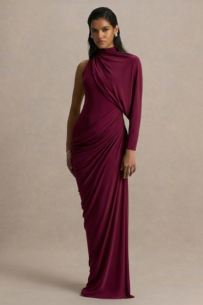 Aphra | Vestido Largo burdeos con escote alto y manga capa