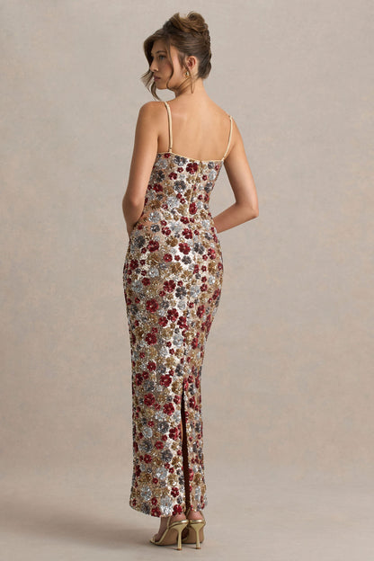 Vitora | Vestido largo rojo de lentejuelas con estampado floral y escote cuadrado