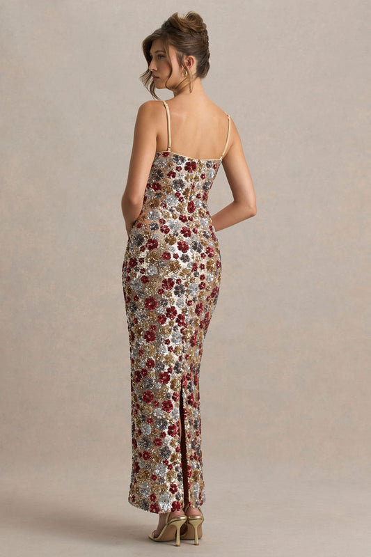 Vitora | Vestido largo rojo de lentejuelas con estampado floral y escote cuadrado