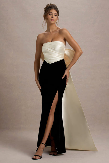 Take A Bow | Vestido largo de terciopelo en negro y lazada en color crema