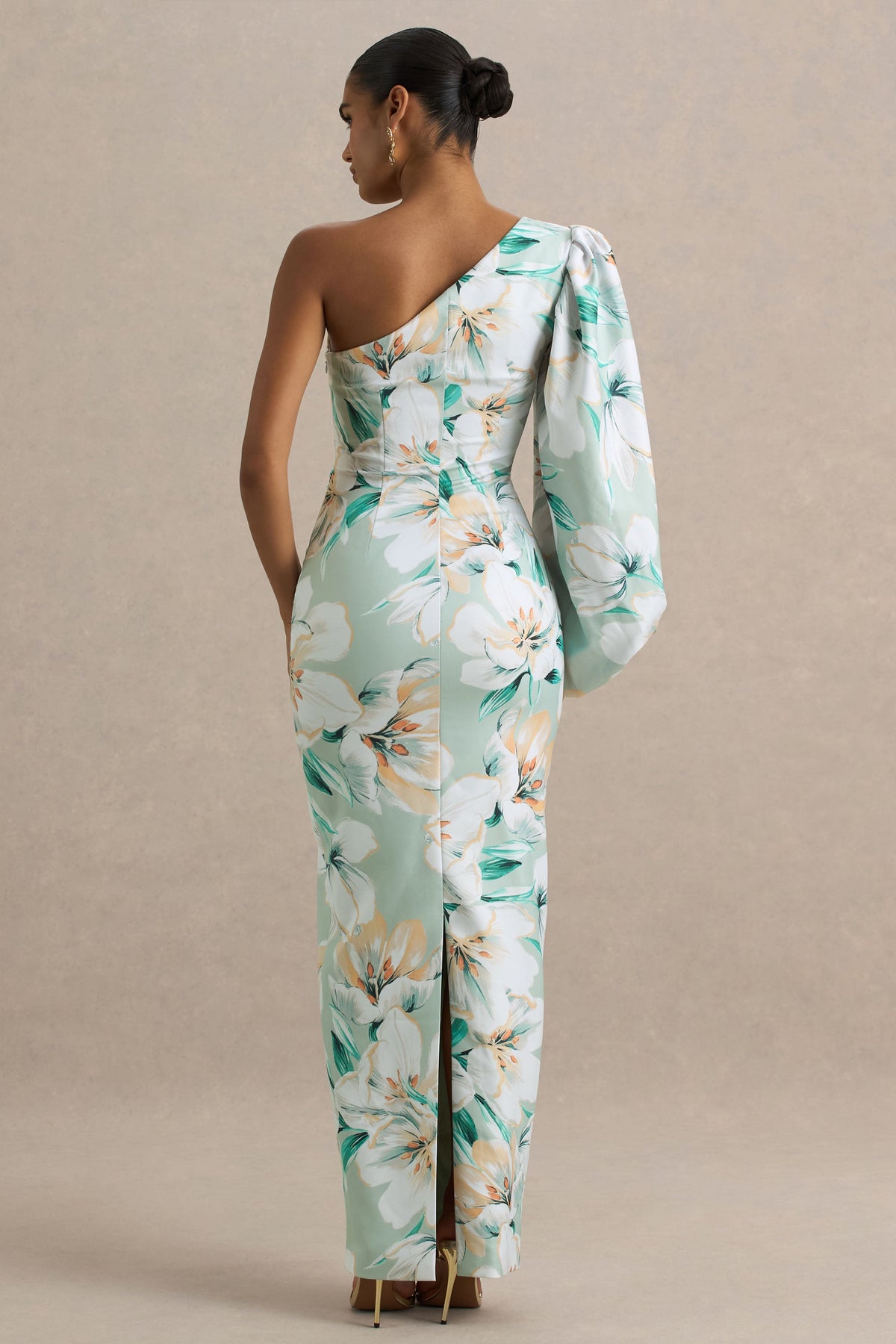 Kellis | Vestido largo Asimétrico con Manga Abullonada en Estampado Floral Verde