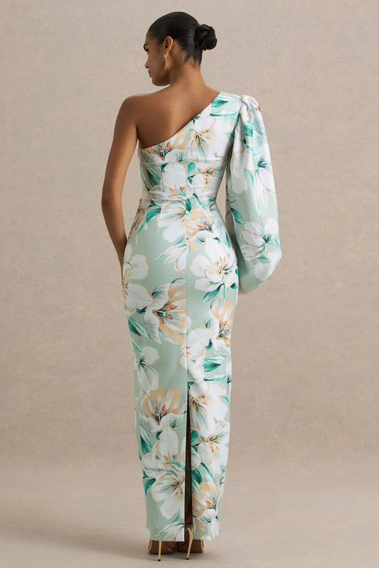 Kellis | Vestido largo Asimétrico con Manga Abullonada en Estampado Floral Verde
