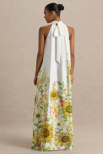 Glide | Vestido largo satinado con detalle de cuello con lazo y estampado de girasoles