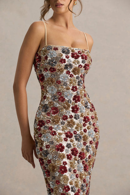 Vitora | Vestido largo rojo de lentejuelas con estampado floral y escote cuadrado