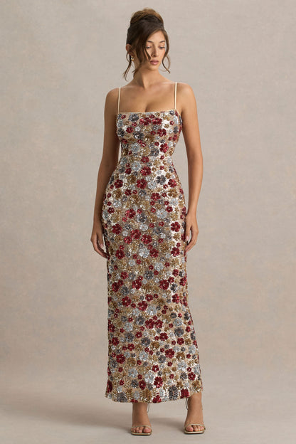 Vitora | Vestido largo rojo de lentejuelas con estampado floral y escote cuadrado