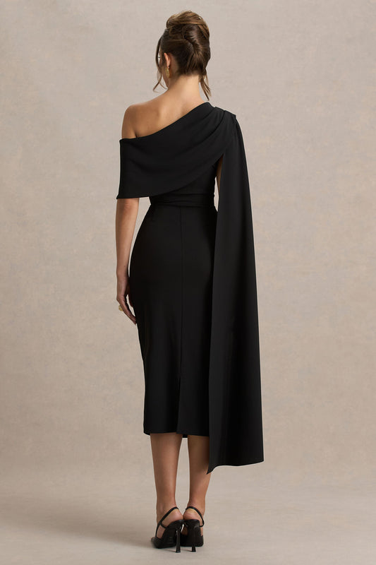 Leah | Vestido Midi Burdeos De Escote Asimétrico Con Manga Capa y Detalle Drapé